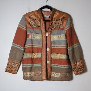 Vintage Flashback Boho Patchwork Tapestry Button Jacket Floral Striped Cotton